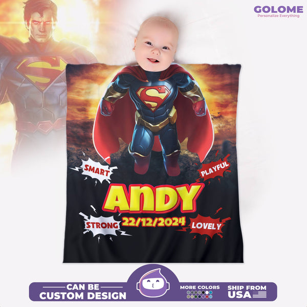 Personalized Baby Superhero Blanket – Custom Superman Style Fleece Blanket for Boys
